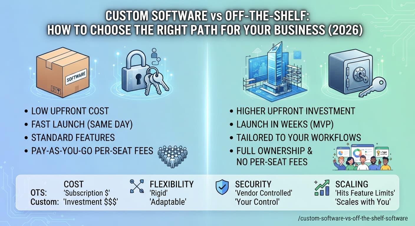 Custom software vs off-the-shelf software comparison showing cost, flexibility, security, and scaling
