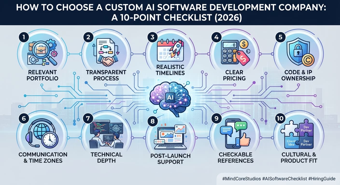 How to choose a custom AI software development company ten point checklist infographic